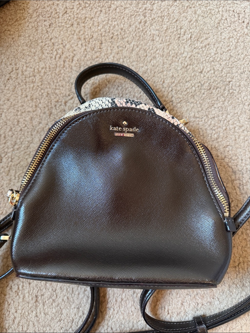 kate spade black leather backpack with snake-print trim